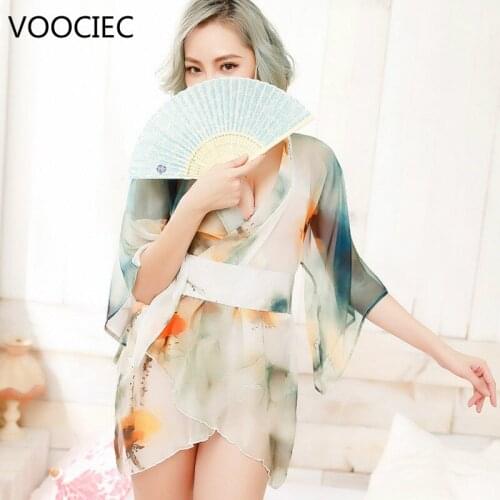 VOOCIEC Kimono Robe Bathrobe Women Traditional Style Robe Yukata Costumes Pajamas Belt Japanese Sexy Lingerie Dressing Gowns
