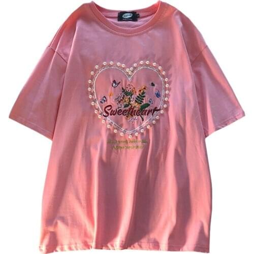 New Fashion Loose Short Sleeve Summer Pink Women T Shirt Beaded Embroidery Letter Love Heart Flowers Butterfly Tees Tops Female