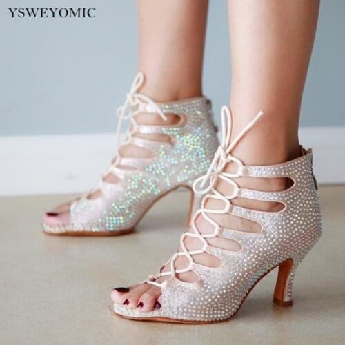 Women Fashion Dance Bootie Latin Ballroom Shoes Suede Outsole Beige Color Sparkly Rhionstones Salsa Dancing Shoes