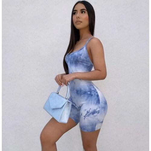 Women Sexy Spaghetti Strap Romper Sexy Tie Dye Print Sleeveless Low-Cut Bodycon Jumpsuit New 2020 Summer Casual Skinny Playsiuts