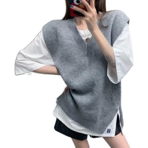 2020 Autumn V Neck Gray Sweater Women Casual Loose Sleeveless Knitted Sweater Top Winter Elegant Pullover Jumpers