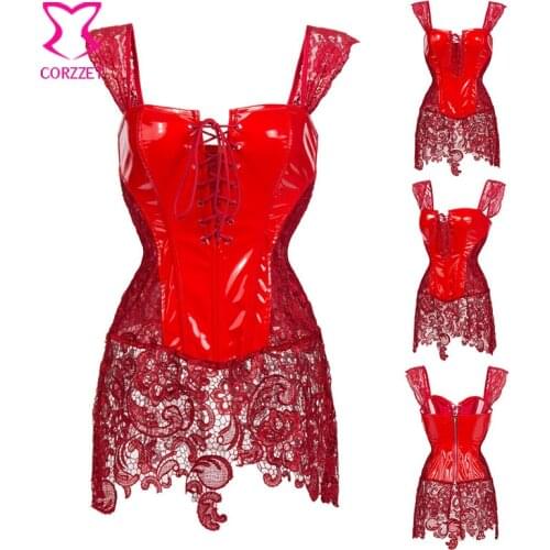 6XL Plus Size Corset Dresses Red Leather & Lace Sexy Espartilhos E Corpetes Burlesque Dress Gothic Steampunk Clothing For Women