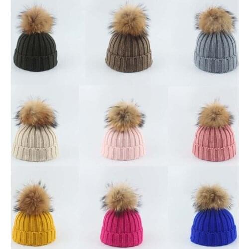 Winter Beanies For Kids Children Raccoon Fur Pom poms Hat Warm Knited Beanie Cap Parent-child Girls Boys