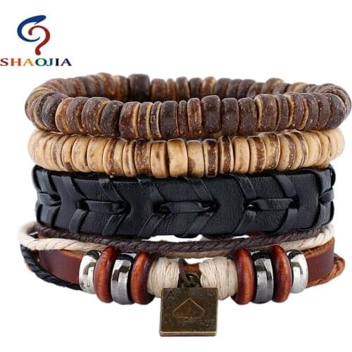 2017 Fashion Charm Jewelry Bronze Alloy Poker Leather Bracelet Punk Wooden Beads For Women & Men Multilayer Bracelet Adjustable