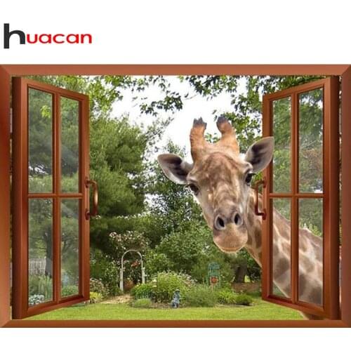 Huacan 5d Diamond Painting Giraffe Mosaic Window Scenery Home Decor Embroidery Animal Tree Landscape Diamond Art