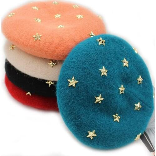 [Onidfurow] Angora rabbit Women Winter berets Luxury Golden star rivets Female Warm Vogue beret Hats Girls Flat cap beret for