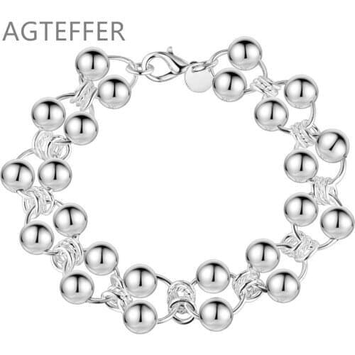 AGTEFFER 925 Sterling Silver Round Smooth Full Bead Bracelet For Women Wedding Engagement Party Fashion Jewelry