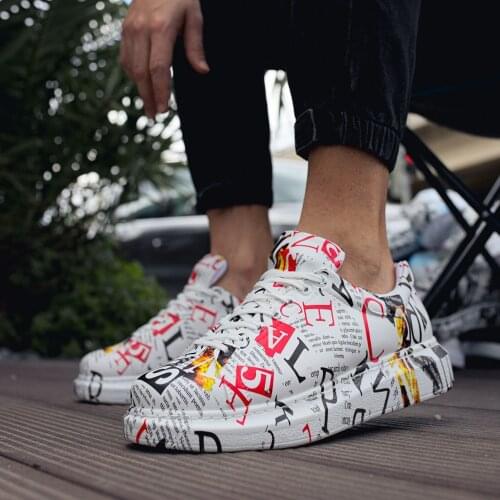 Chekich Mens & Womens Shoes White Patterned Artificial Leather Lace Up Newsletter Print Summer Autumn Seasons Unisex Sneakers Skateboard Couples Lovers Light Casual Character Text Sewing Sole Numbers School CH255 V8