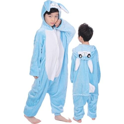 Kids Kigurumi Animal Pajams Blue Rabbit for Boys Girls Winter Onesie Flannel Warm Pyjamas Outfit Halloween Anime Cosplay Costume