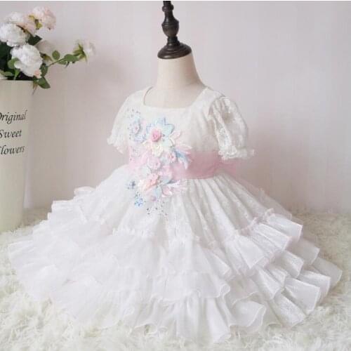 Baby girl summer vintage Spanish England lolita mesh ball gown dress kids lace stitching puff sleeve princess dress