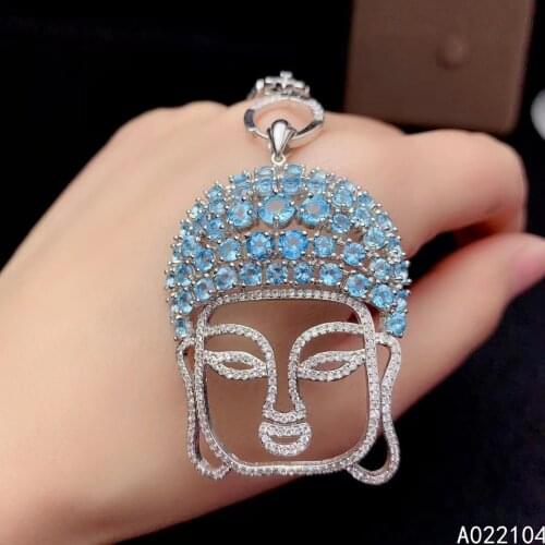 KJJEAXCMY fine jewelry 925 sterling silver inlaid Natural Swiss blue topaz Womens noble Buddha head gem pendant necklace suppor