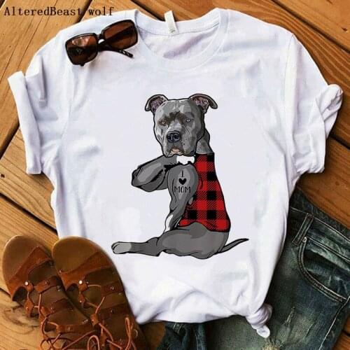 2021 Pit Bull Mom Tshirt Women Summer Harajuku I Love Mom plaid Print T-shirt Funny Short Sleeve dog T Shirt Clothes