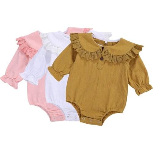 2020 0-18M Sweet Infant Baby Girl Playsuit Autumn New Lace Peter pan Collar Solid Color Long Sleeve Jumpsuit Romper Outfit