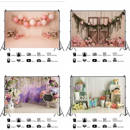 Laeacco Spring Happy Birthday Flowers Basket Balloons Decro Baby Shower Photophone Photozone Photo Backdrop Photo Backgrounds