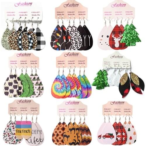 Leopard Stripes Halloween TeacherDay Mother Day Christmas Day Tie-Dyeing Leather Dangle Drop Earrings for Women Party Gift