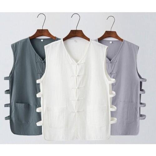 Summer Chinese Style Vest for Man Solid Color Cotton Breathable Kungfu Tai Chi Uniform Beijing Bikini Sleeveless Tang Suit