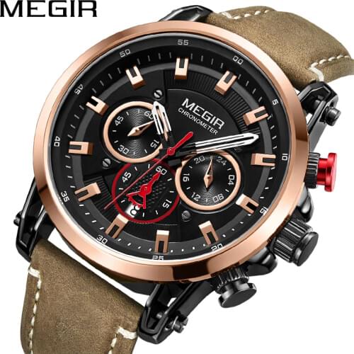 2020 MEGIR Fashion Mens Watches Top Brand Luxury Big Dial Military Quartz Watch Leather Waterproof Sport Chronograph Watch Men