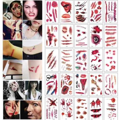 Halloween tattoo Lifelike Fake Bloody Wound Tattoo Sticker Scary Waterproof Temporary Tattoo Stickers Horror Party Decoration