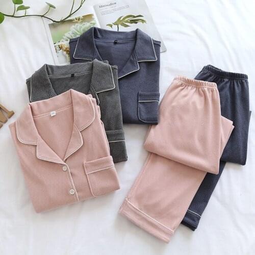 247 Autumn Sping Women Warm Soft Pajamas Sets Pink Gray Striped Pajama Long Sleeve Pant Pyjamas Sets Men Sleepwear Home Wear