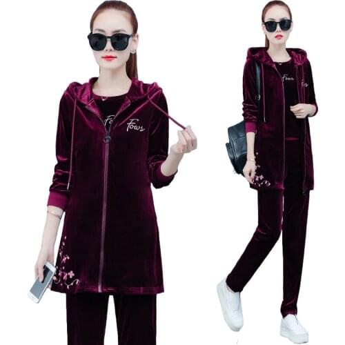 Autumn Velour Tracksuit Three Piece Set Hoodie Jacket + T-shirt + Pants Women Clothes Leisure 3 Piece Set Velvet Womens Outfits