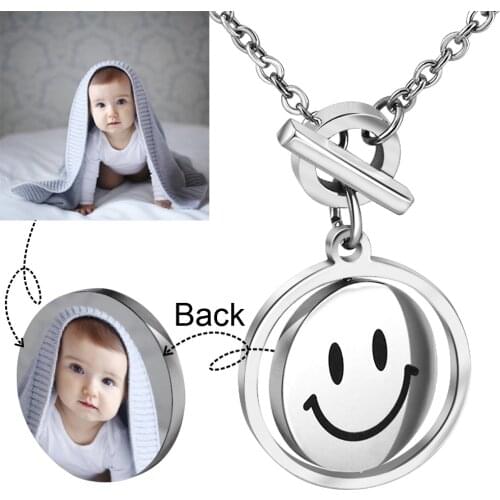MYLONGINGCHARM Smile Necklace Personalize picture for you Stainless steel rotated Pendant with OT chain