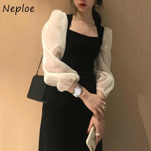 Neploe Mesh Patchwork Puff Sleeve Velvet Dress Korean Ins Elegant Dresses Women Sexy Square Collar Slim Fit Vestidos 1H086