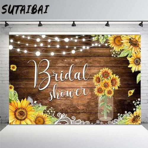 Sunflower Bridal Shower Photo Backdrop Rustic Wooden Board String Lights Retro Lace Autumn Fall Portrait Wedding Party Decor