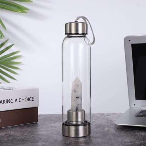 Natural Quartz Gemstone Glass Water Bottle Direct Drinking Cup Glass Crystal Obelisk Wand Healing Wand Bottle with Rope 2020 new