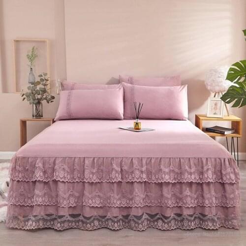Three-layer solid color lace bed skirt princess lace European style bedspread ruffle bed mattress non-slip bed skirt pillowcase