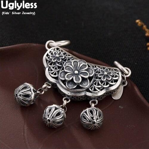 Uglyless 99% Full Silver Bells Tassel Pendants for Women Vintage Traditional Fine Jewelry Thai Silver Flowers Hollow Necklaces