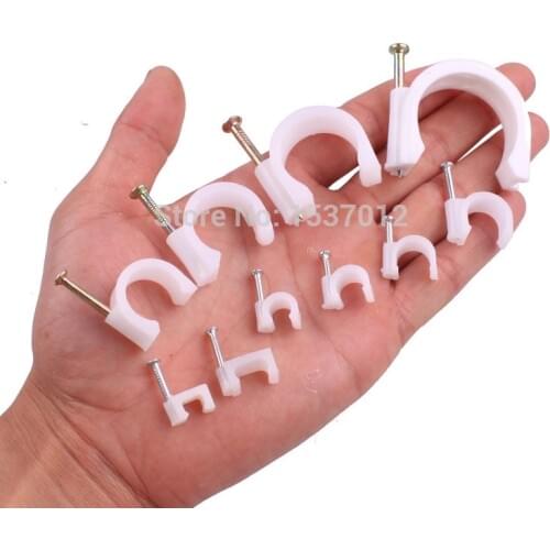 200pcs 6MM Circle Round White Clamps Holder Wire Electrical Fasten Wall Insert Cord Fixer Steel Plastic Tower Nails Cable Clips