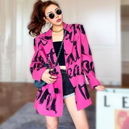 High Street Style Womens Autumn Jacket Casual Loose Blazers Womens Jacket Chic Rose Red Jackets Blazer Womens Clothing SL389