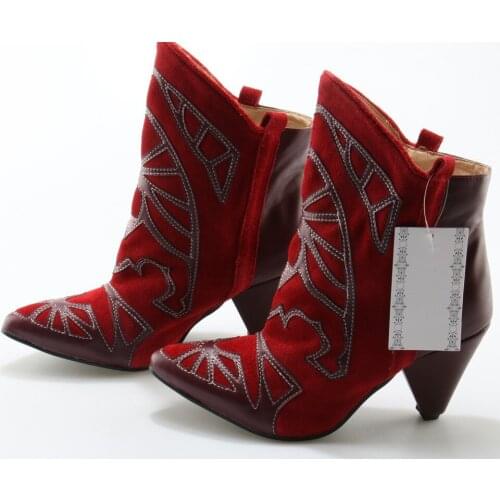 Zapatos Mujer Red Black Pointed Toe High Spike Heels Ethnic Cowboy Ankle Boots For Women Autumn Winter Shoes Booties 2019