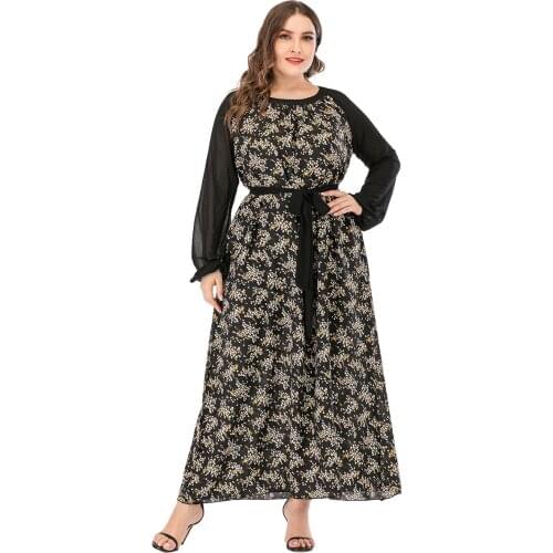 2021 Summer Woman Dress Plus Size Female Long Sleeve Patchwork Floral Print Casual Dress Belt Loose Oversized Maxi Long Dresses