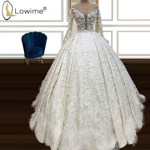 Feathers Long Sleeve Wedding Dresses Sheer O Neck Puffy Ball Gown Lace Bridal Gowns Vestidos De Novia