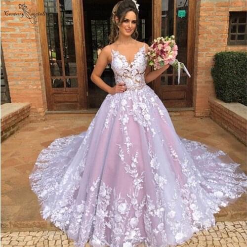 Vestido De Novia 2020 Pink Wedding Dresses Lace Appliques Illusion Back Bridal Gowns Bride Dress Robe De Mariee New