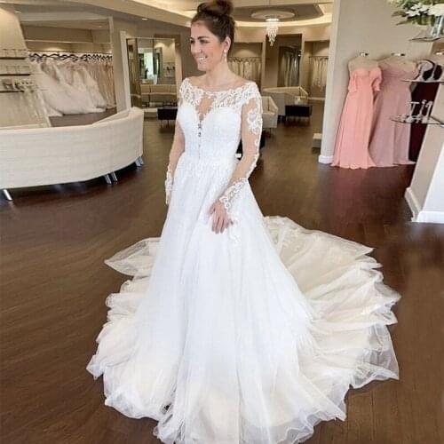 Vestido De Noiva 2020 Beach Wedding Dresses Long Sleeves O-Neck Lace Appliques Lace Up Back Boho Bridal Gowns Robe De Mariee