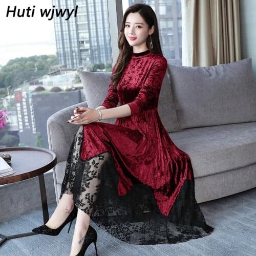 Autumn Winter Vintage Sexy Lace Midi Dresses 2021 Korean Women Elegant Bodycon Long Sleeve Dress Plus Size Party Runway Vestidos