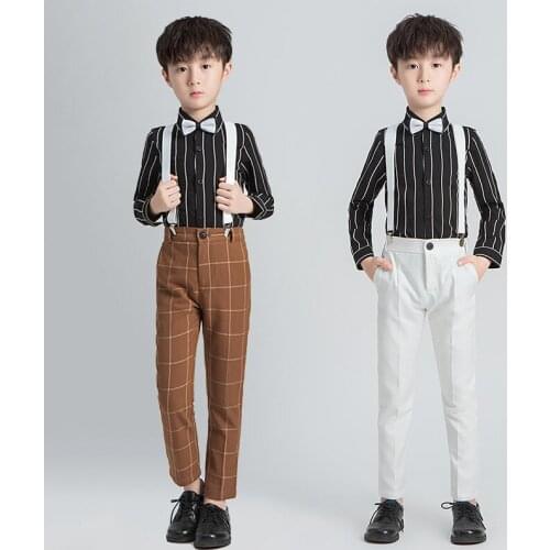 2-11 Years Baby Boys Clothing Sets Spring Autumn Kids Baby Formal Suits Fashion Striped Shirts Suspender Pants Tie 4pcs For Boy