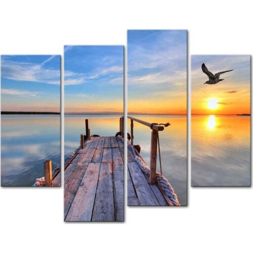 4 Pieces modern Canvas Painting Wall Art Picture Pier with Bird Flying Colorful Sky Sunset Lake Landscape Print Wall Decor