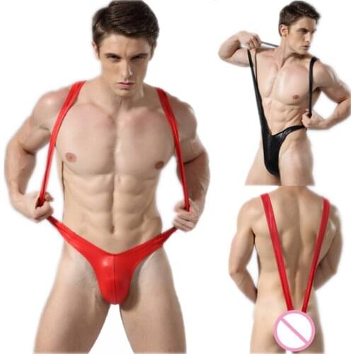 Black/Red Male Sexy Pouch Jockstrap Teddies Bodysuit Faux Leather Suspenders Wrestling Singlet Fetish Gay Men Leotard Underwear