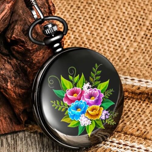 Top Fashion Vintage Bright Flowers Design Quartz Pocket Watch Women Pendant Necklace Chain Watches Gift for Friend Mum Relogios