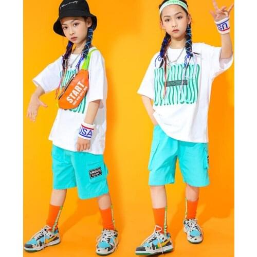 Kids Cool Hip Hop Cheerleader Clothing Oversized T Shirt Top Summer Shorts Pants for Girls Boys Jazz Dance Costume Clothes Wear