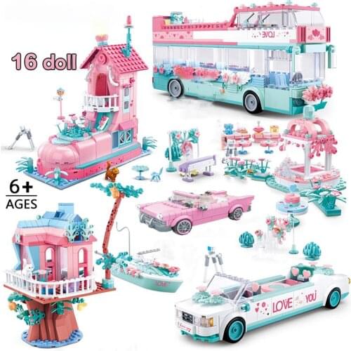 City Wedding Sets Friends Bride Double-deck Bus Pink Car House Yacht Building Blocks Bricks Kids Toys Girls Christmas Gift