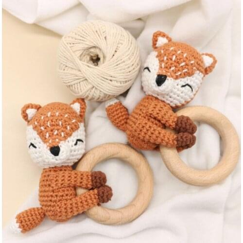 Baby Wooden Teether Ring DIY Crochet Animal Deer Elk Rattle Bracelet Infant Teething Nursing Soother Molar Toys for Newborn Show