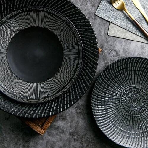 Home Black Ceramic Dinner Plate Tableware Relief Western Plate Steak Spaghetti Dessert Cake Sushi Storage Decorative Plates