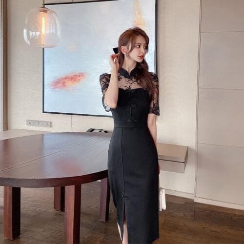 Elegant korean style summer pencil dress sexy short sleeve high waist patchwork lace dresses slim hight hips office lady dresses
