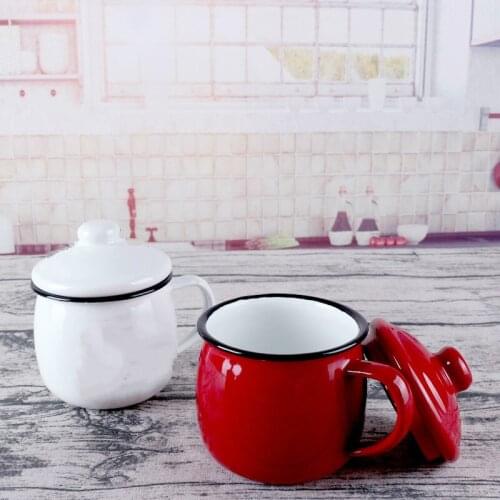 Enamel round bellied cup, tea cup with lid, 8cm round belly cup, enamel cup