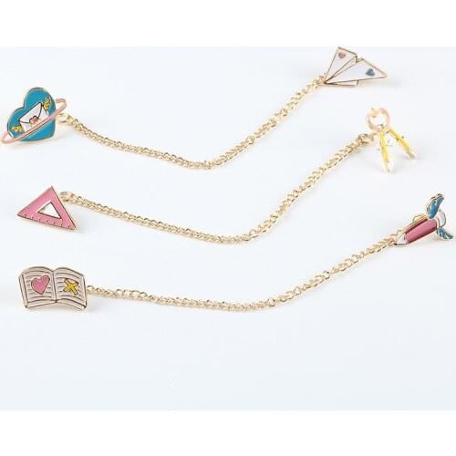 Cute Tassel Chain Enamel Pins Aircraft Planet Pencil Book Compasses Ruler Brooches Badge Shirt Denim Collar Pin Gift for Student