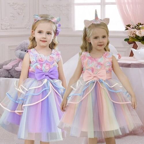 Rainbow Dresses For Girls Princess Tutu Elegant Halloween Party Cosplay Costume Kids Children Tulle Wedding Birthday Clothes